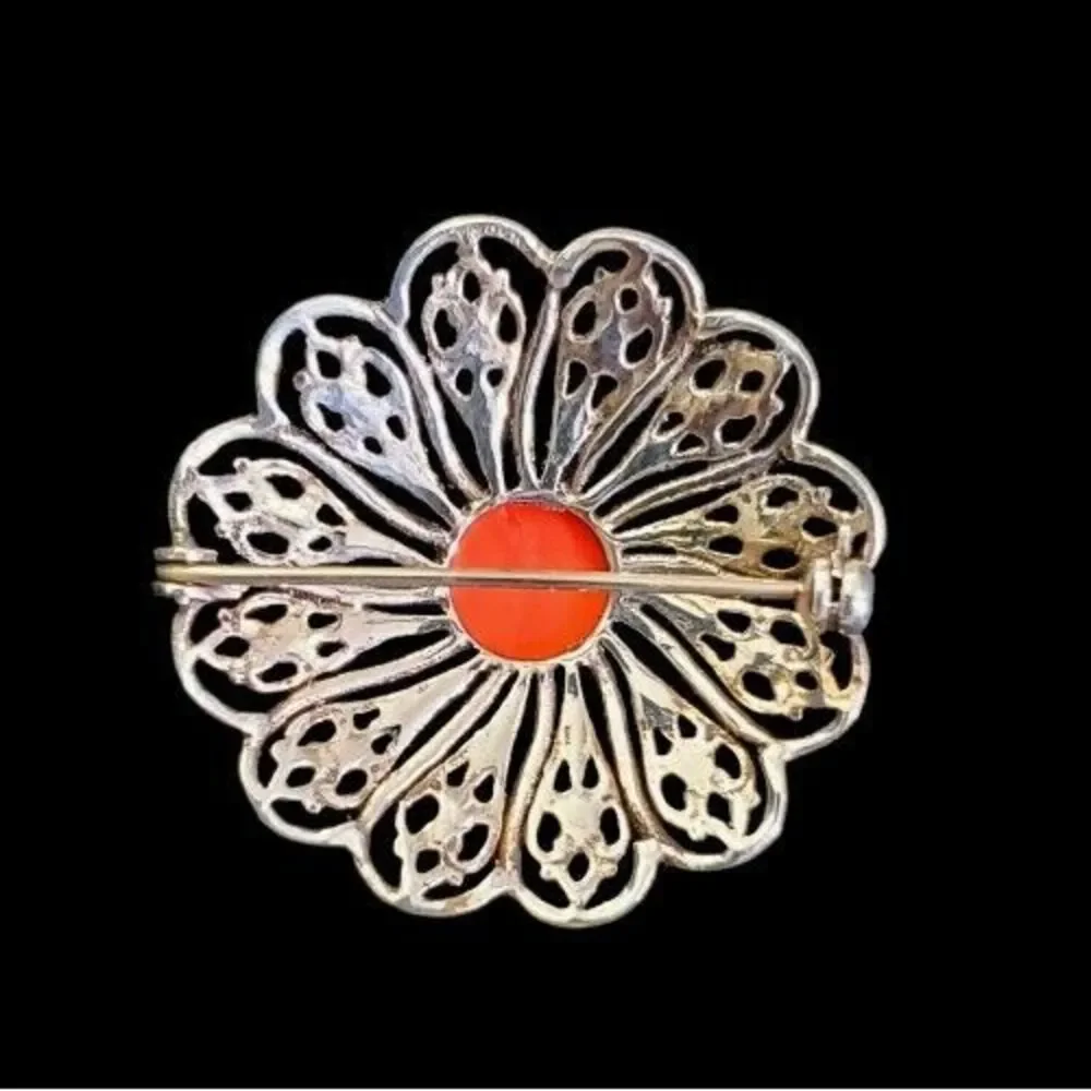 Coral Silver Brooch 835 Silver European Vintage‎ Marked Signed, 1.25
